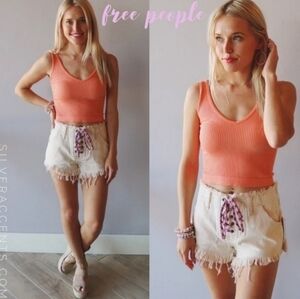 Free People Oversized Becket Lace-Up CutOff Denim Shorts in Salty